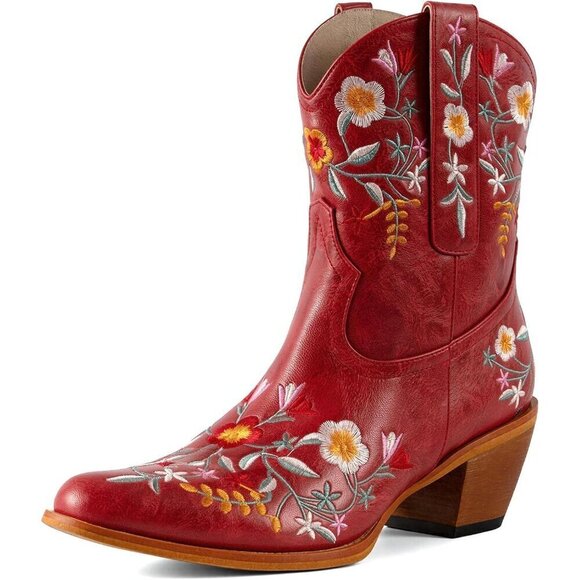 Shoes - Women's Chunky Heel Ankle Snip Square Toe Flower Embroidered Western Red Boot